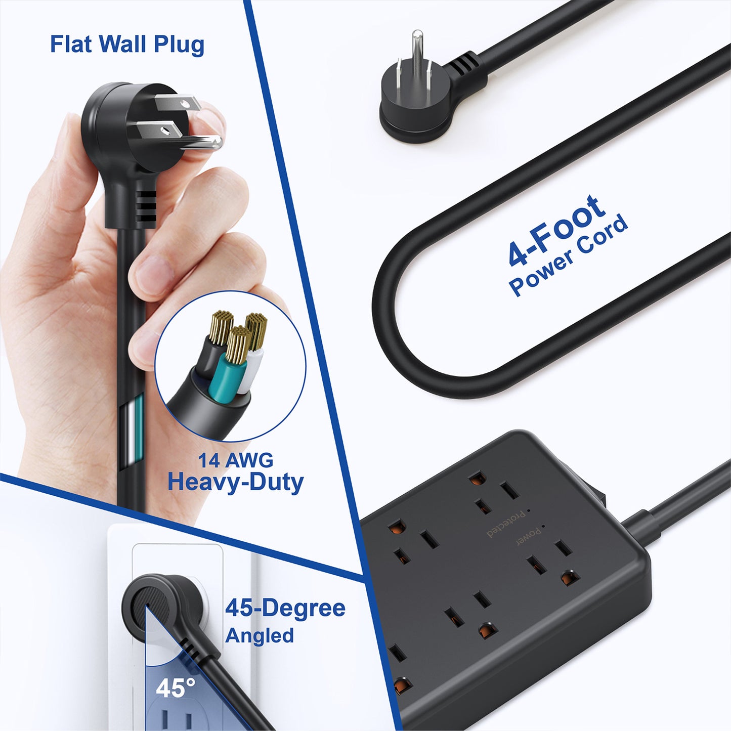 Surge Protector w/ 3 USB Ports, 4ft, 1300J 5/7 Outlet