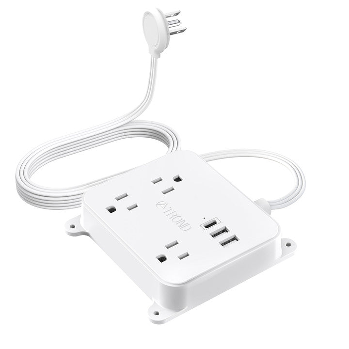 TROND 5ft Flat Plug Extension Cord With USB-C – 8-in-1 Surge Protector Power Strip, 3-Sided Design With 5 Outlets & 3 USB Ports, Wall Mountable, 1250W
