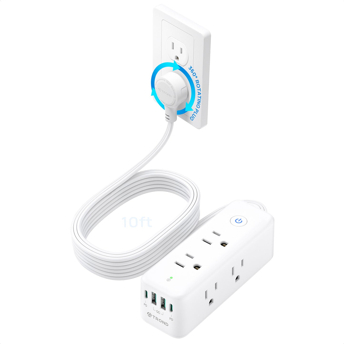 TROND 360° Rotating Plug Surge Protector, Power Strip with 2 USB-C and 2 USB-A, 6 Widely Spaced Outlets