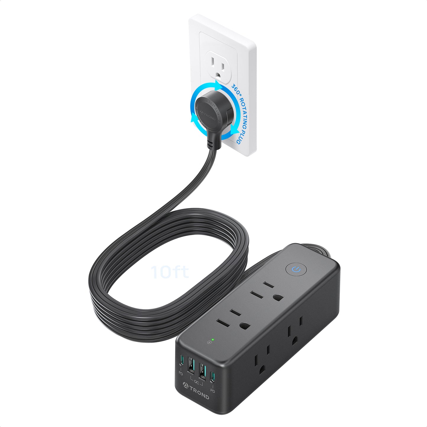 TROND Power Strip with 360° Rotating Flat Plug, Flat Extension Cord 10ft with USB-C PD20W