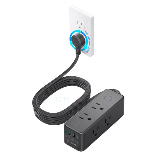 TROND Power Strip with 360° Rotating Flat Plug, Flat Extension Cord 10ft with USB-C PD20W
