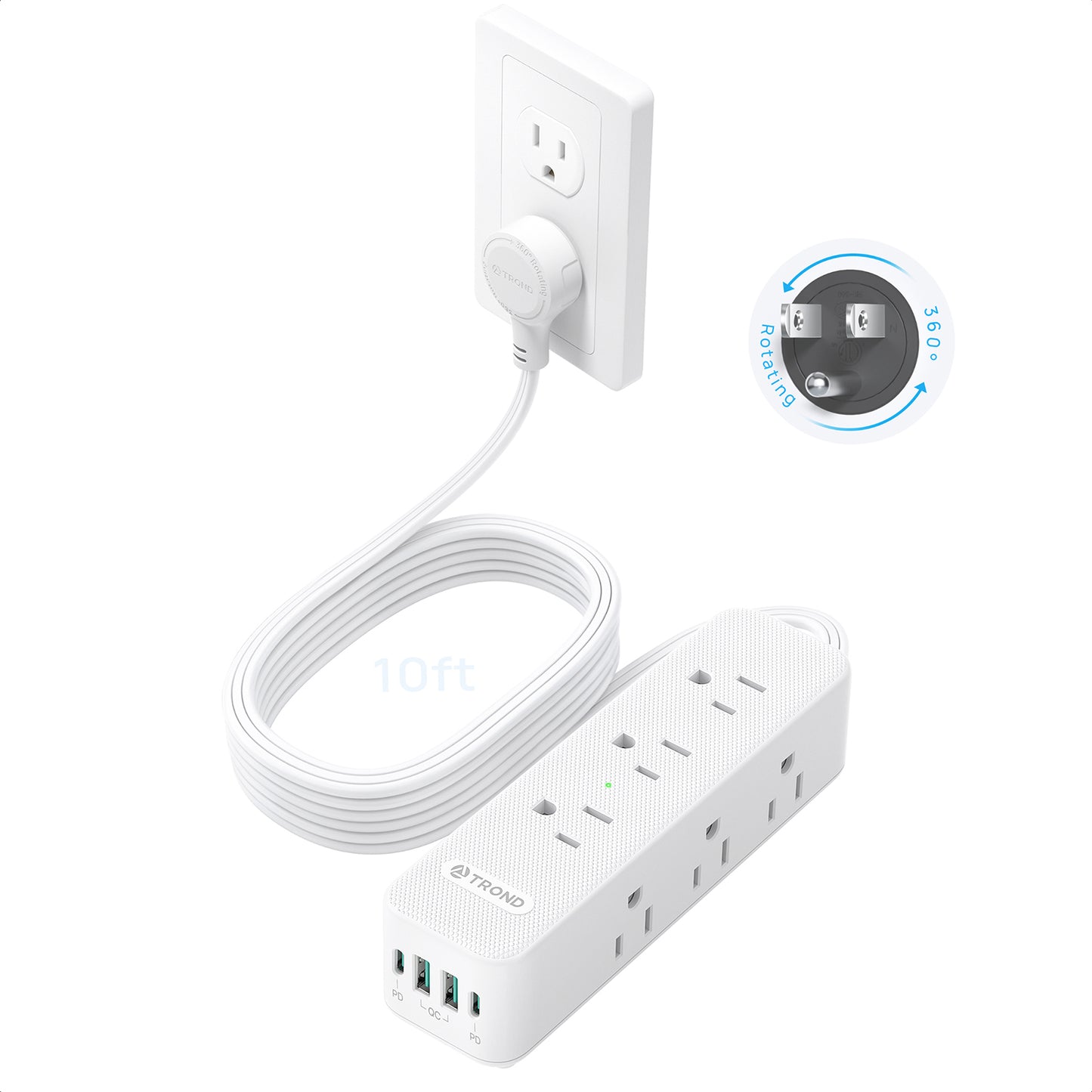 360° Rotating Flat Plug Power Strip with USB PD 20W, 5FT Flat Extension Cord