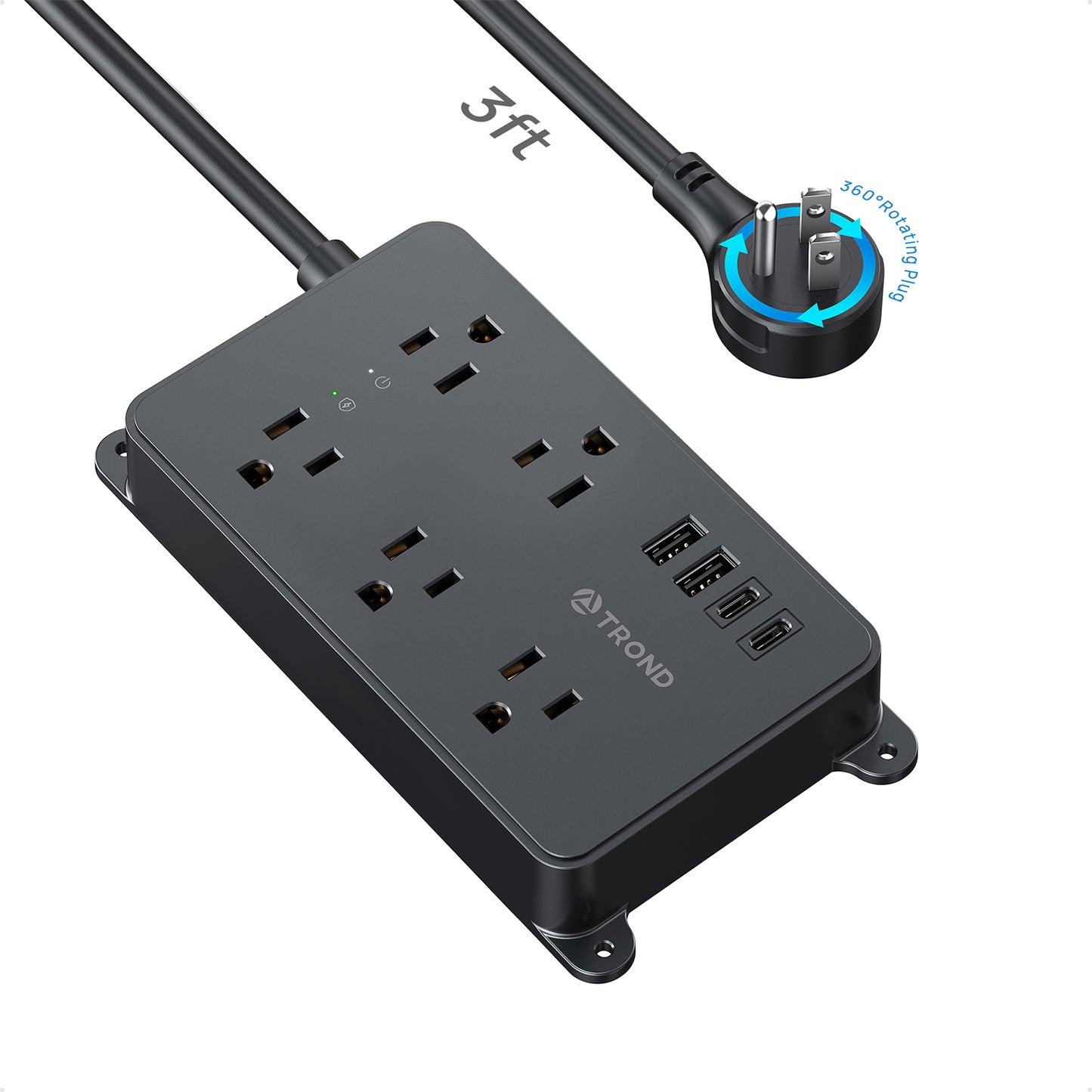 TROND 360° Rotating Flat Plug Power Strip | 5 Widely-Spaced Outlets with 2 USB A and 2 USB C