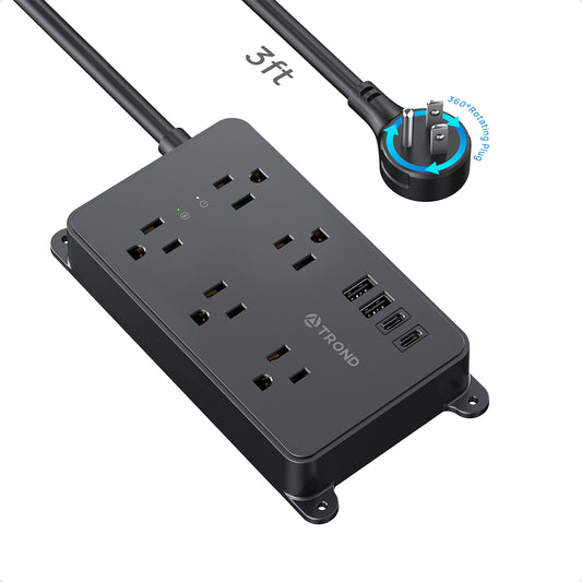 TROND 360° Rotating Flat Plug Power Strip | 5 Widely-Spaced Outlets with 2 USB A and 2 USB C