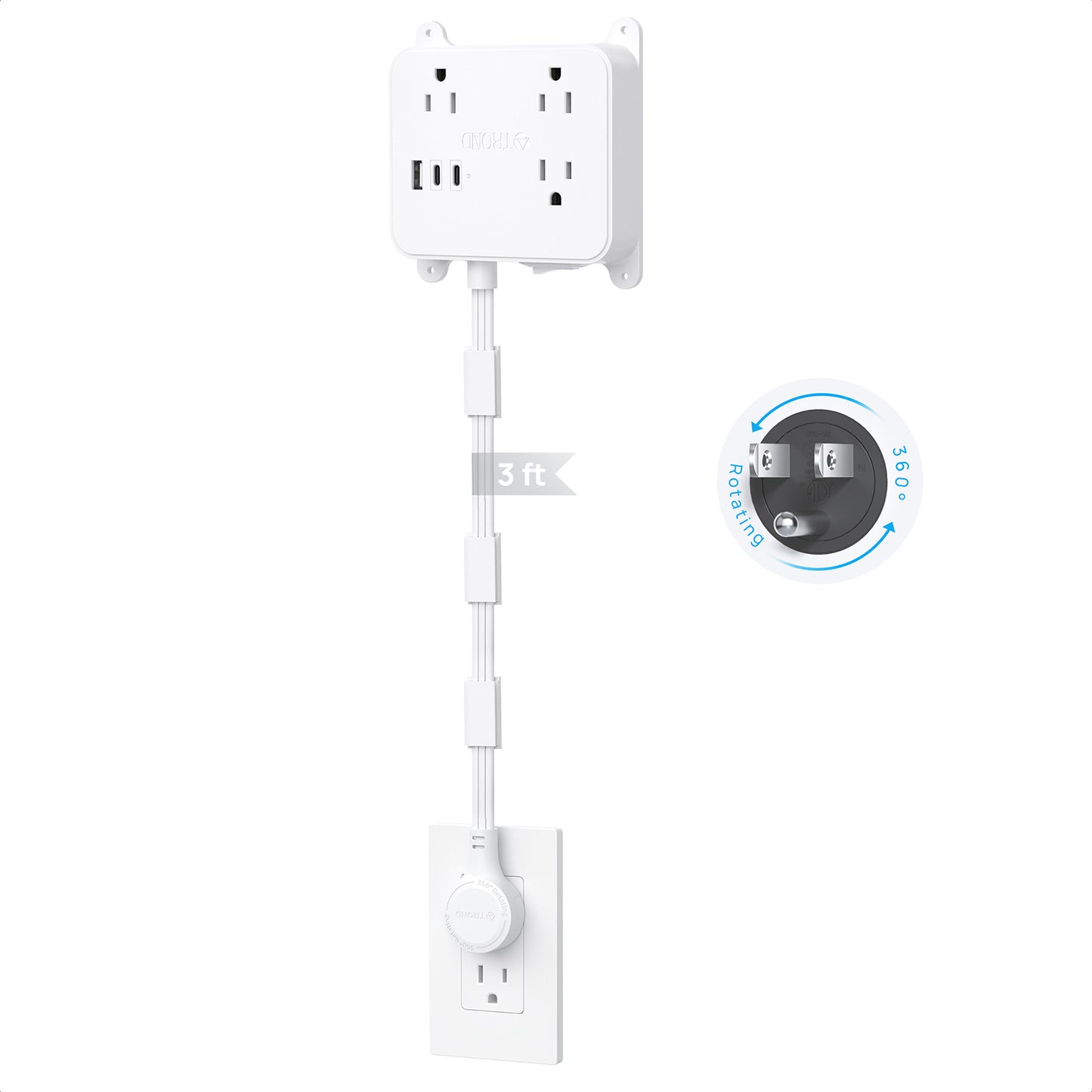 360° Rotating Plug Outlet Extender, 3 AC Electrical Extendable Outlet