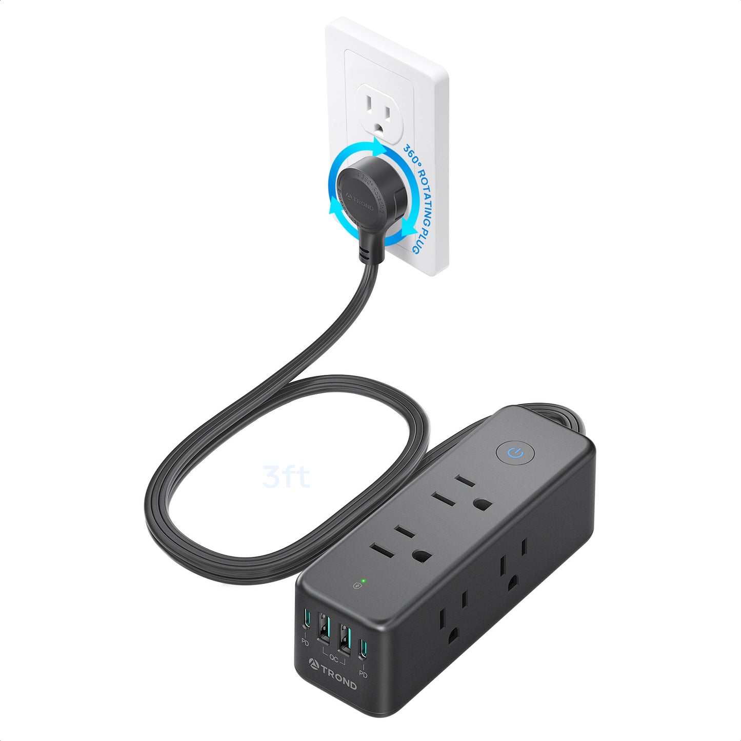 TROND 360° Rotating Flat Plug Power Strip, Flat Extension Cord 3ft with 6 Widely Spaced Outlets