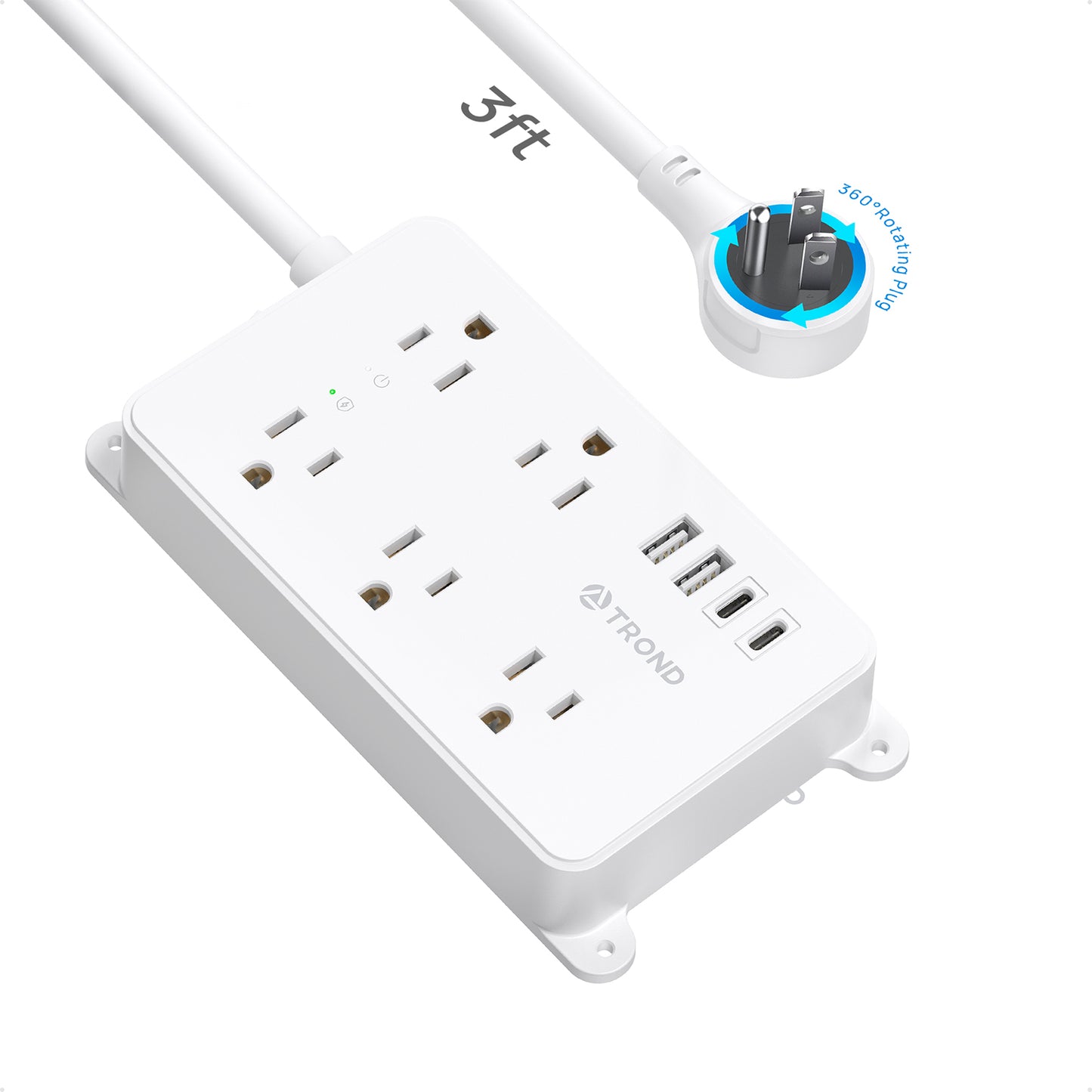 TROND 360° Rotating Flat Plug Power Strip, 3ft Extension Cord