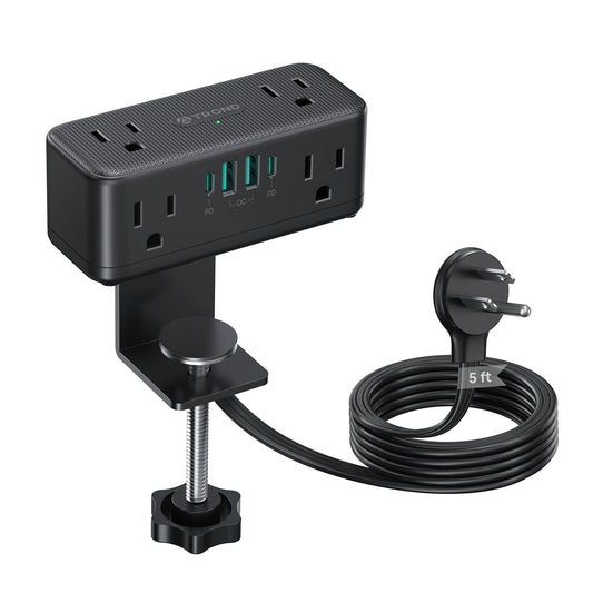 Desk Clamp Power Strip with USB C PD 20W, Flat Plug Extension Cord Surge Protector 5ft