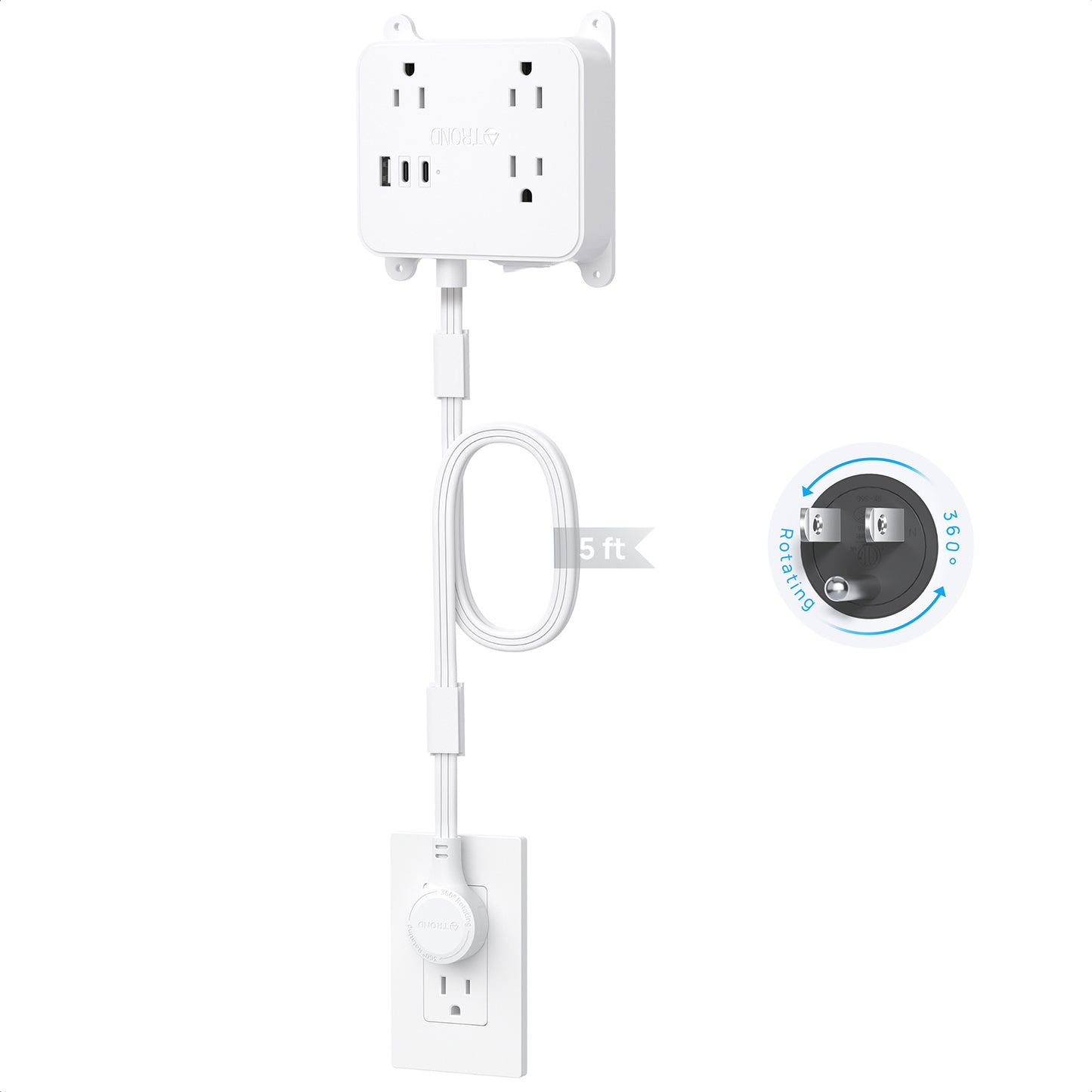 Flat Power Strip with 360° Rotating Plug, 5FT Extension Cord