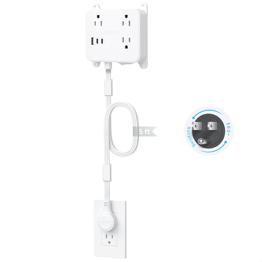 Flat Power Strip with 360° Rotating Plug, 5FT Extension Cord