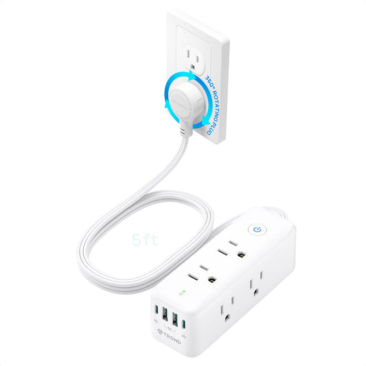 TROND 360° Rotating Plug Power Strip with USB-C PD20W, Flat Extension Cord 5ft with 6 Widely Spaced Outlets