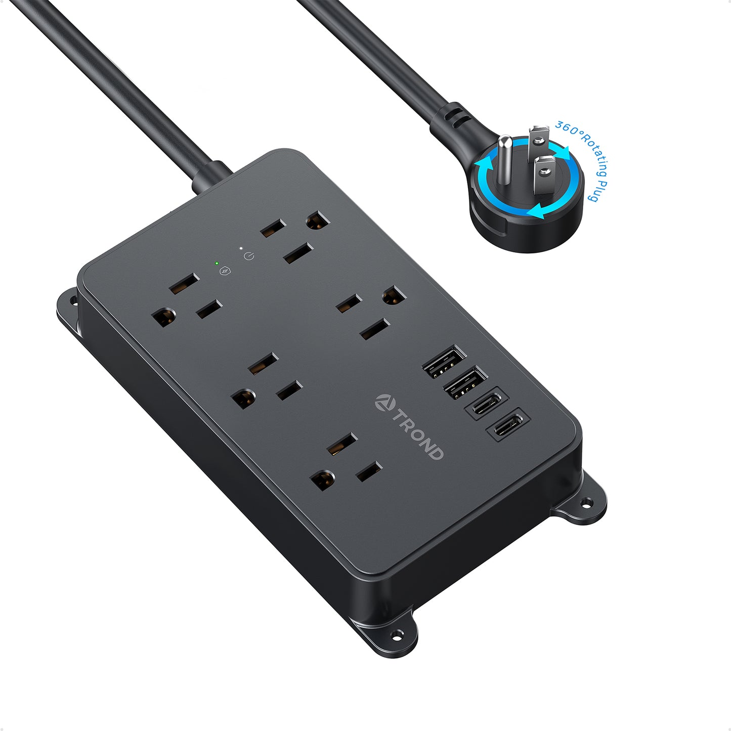 360° Rotating Flat Plug Power Strip, 5 Widely-Spaced Outlets with 2 USB A and 2 USB C