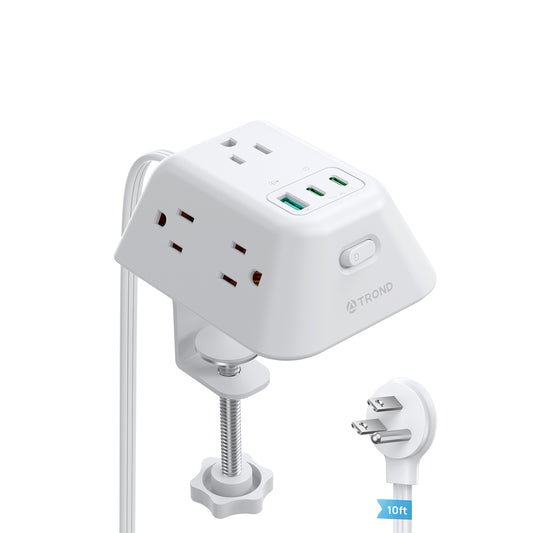 USB C PD 20W Desk Clamp Power Strip,10ft Extension Cord for Home Office Accessories, White