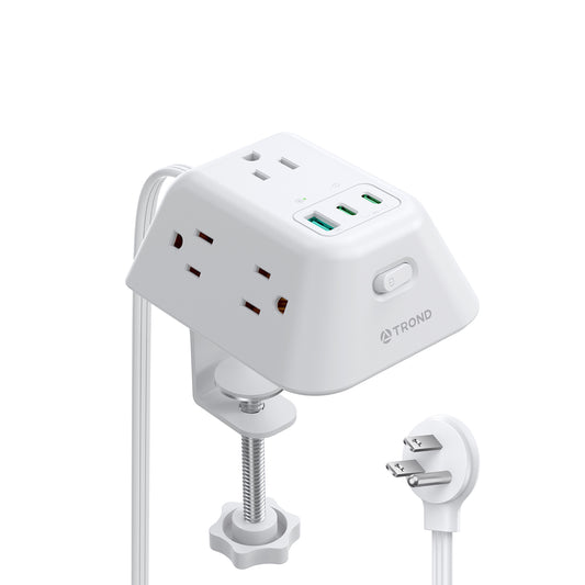 Desk Clamp Power Strip with USB C PD 20W, Desktop Charging Station with 5 AC Outlets, White