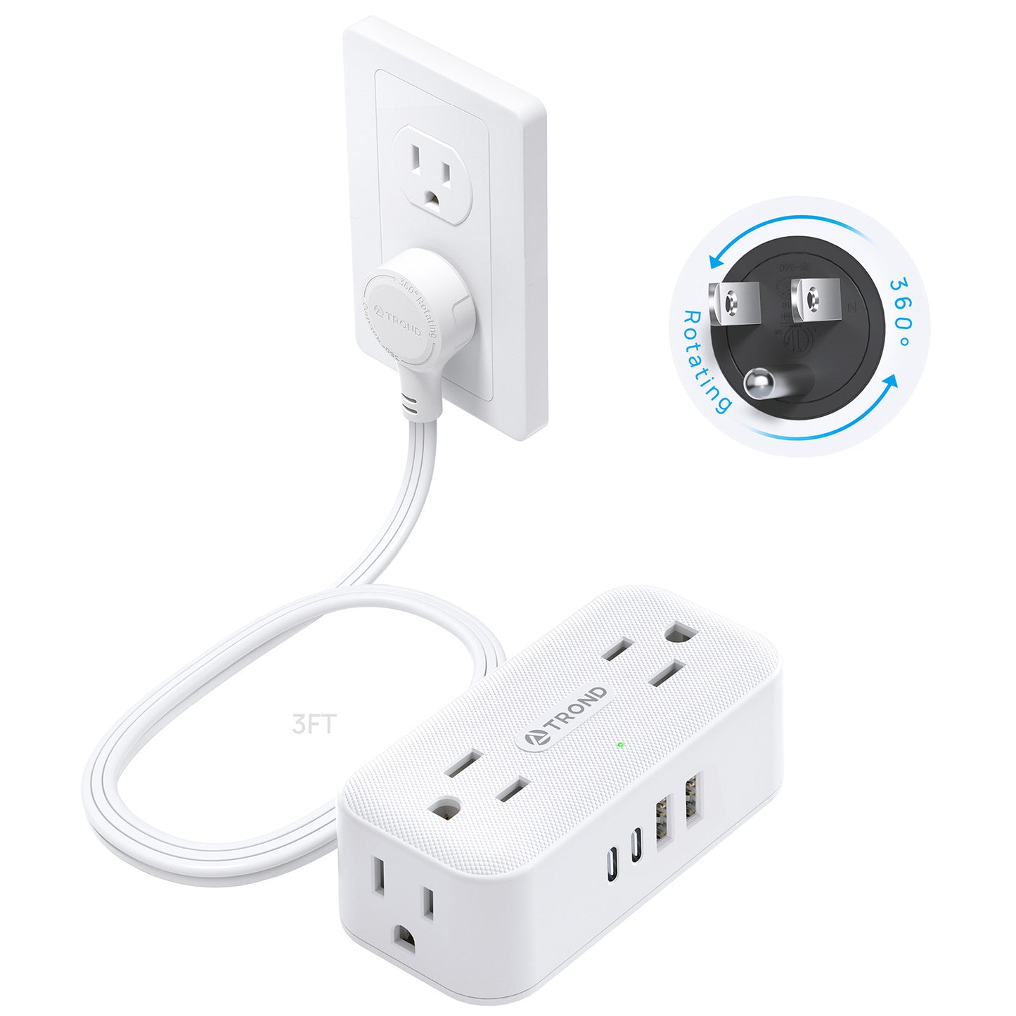 360° Rotating Flat Plug Power Strip, 5FT Extension Cord with 4 USB Ports