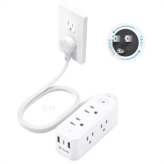360° Rotating Flat Plug Power Strip, 6 Widely Spaced Outlets