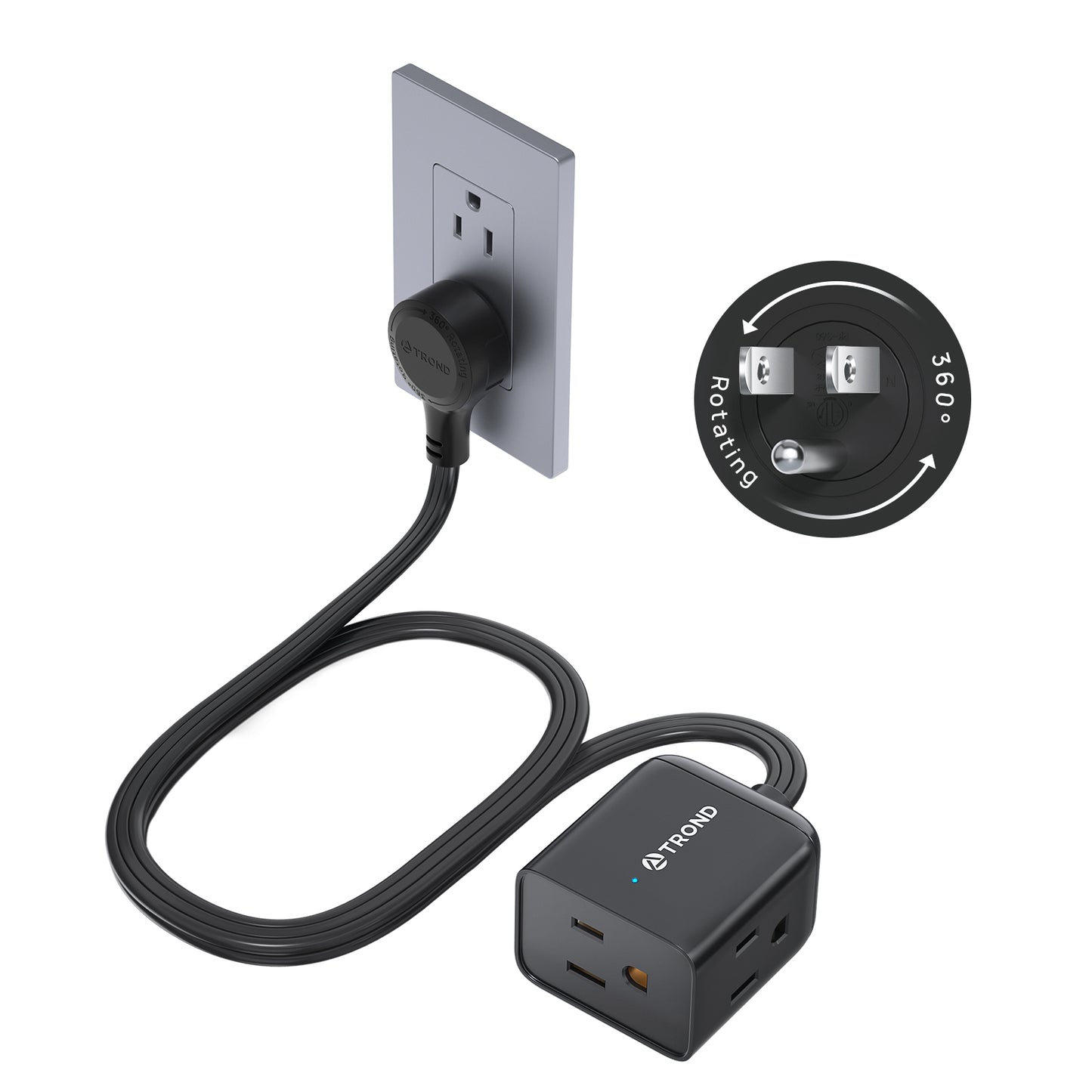 360° Rotating Flat Plug Extension Cord 1.5ft, Low Profile Small Power Strip