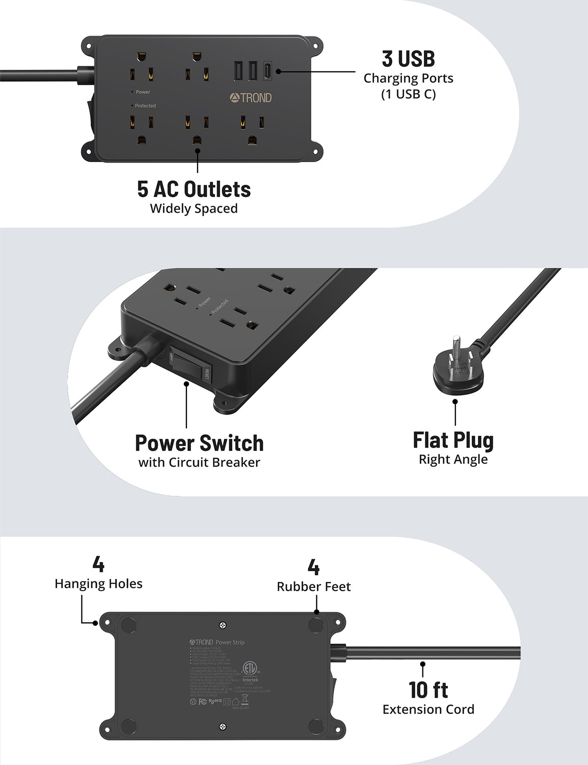 5-Outlet Surge Protector w/ 3 USB Ports, 1300J Black
