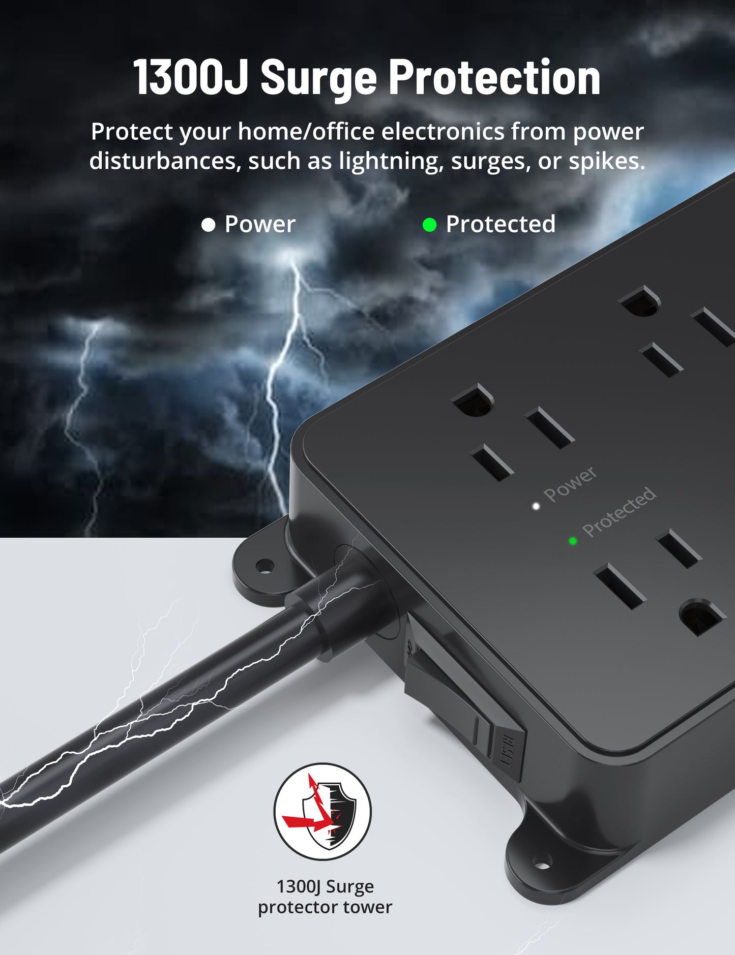 5-Outlet Surge Protector w/ 3 USB Ports, 1300J Black