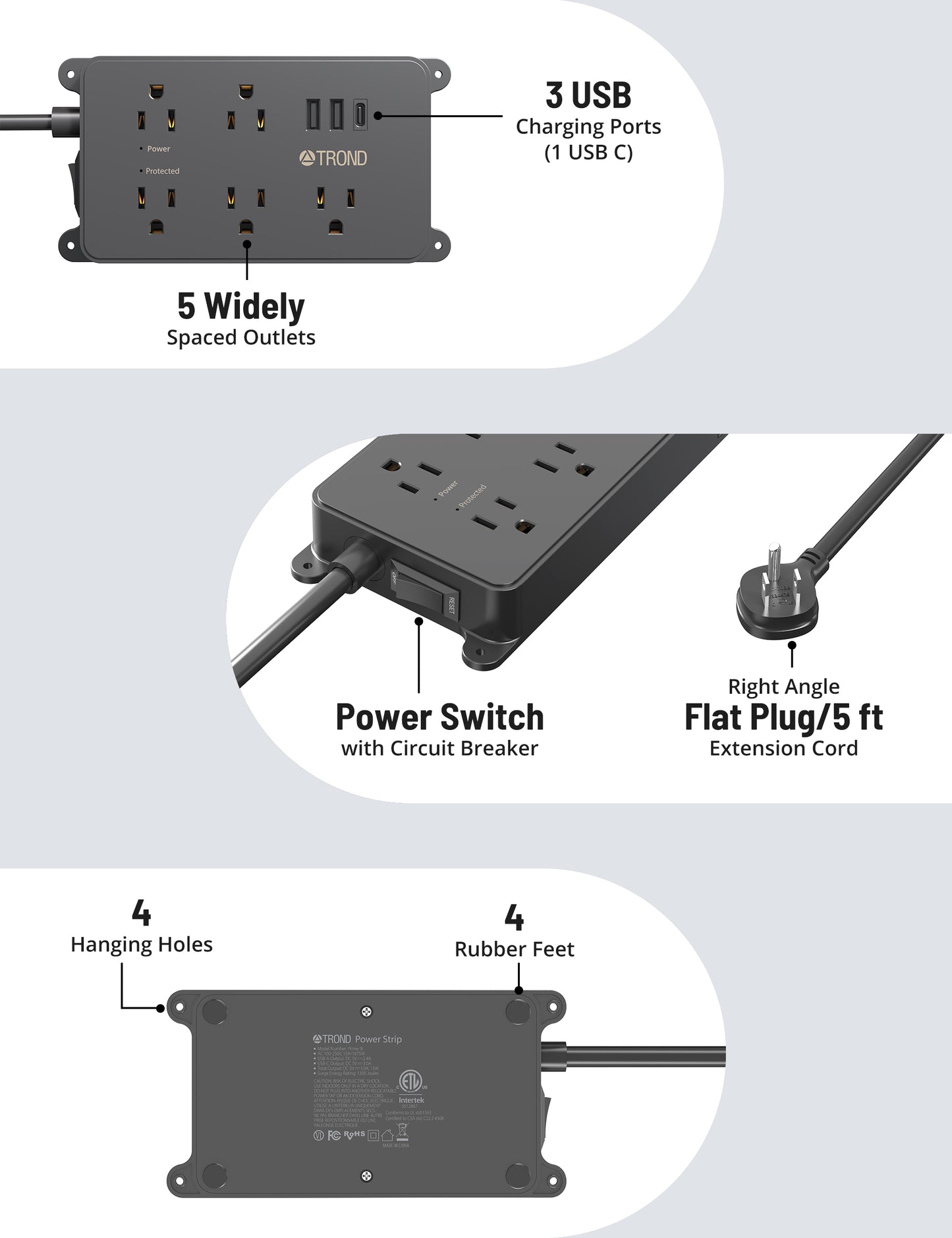 5-Outlet Surge Protector w/ 3 USB Ports, 1300J Black