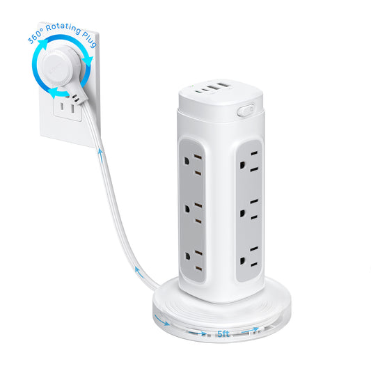 Rotating Plug Power Strip Tower PD 20W - 5ft Retractable Extension Cord Surge Protector
