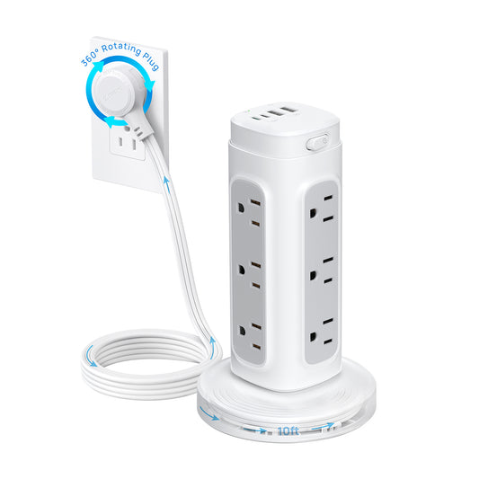 TROND Rotating Plug Power Strip Tower PD 20W, 10ft Semi-Retractable Extension Cord Surge Protector