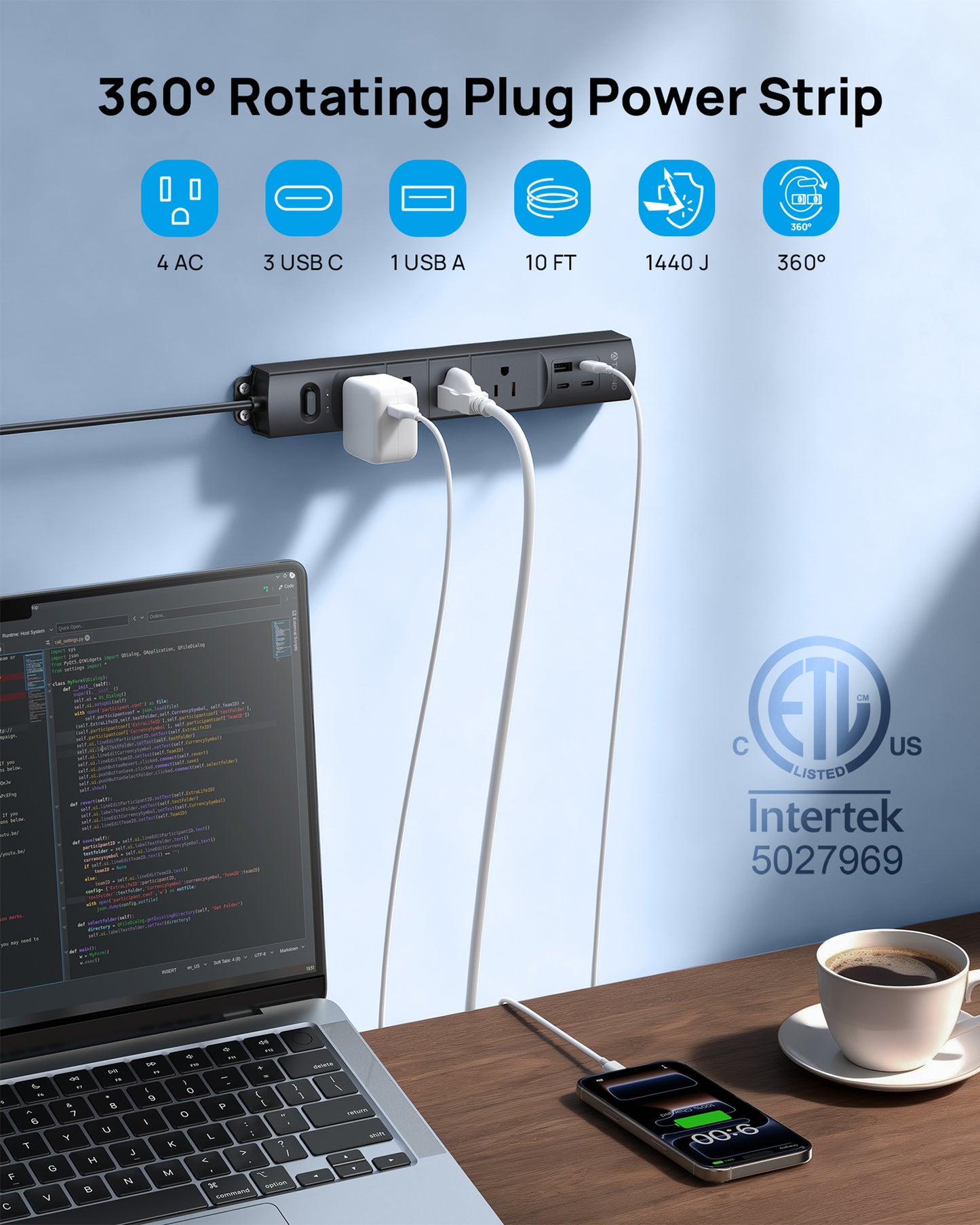 360° Rotating Plug Surge Protector, 3 USB C and 1 USB A