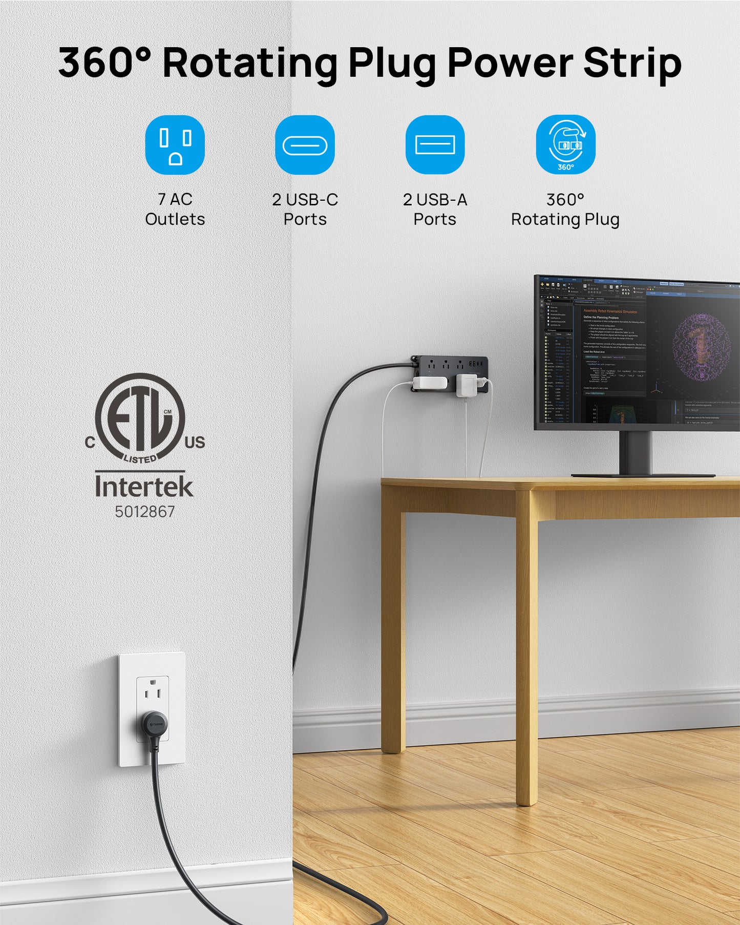 360° Rotating Plug Power Strip, ETL Listed, Flat Plug 10ft Extension Cord