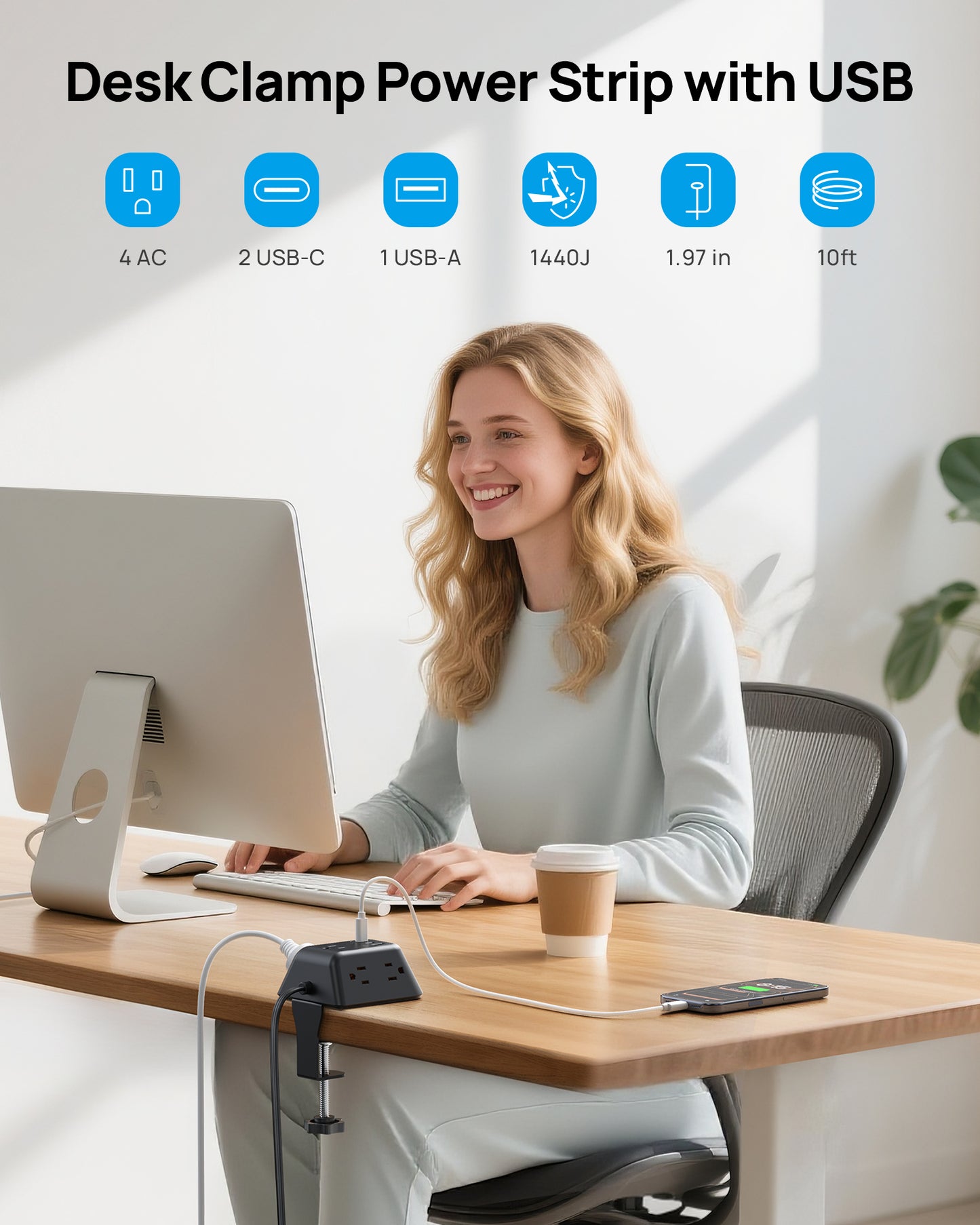 USB C PD 20W Desk Clamp Power Strip, Desktop Surge Protector with 5 AC Outlets