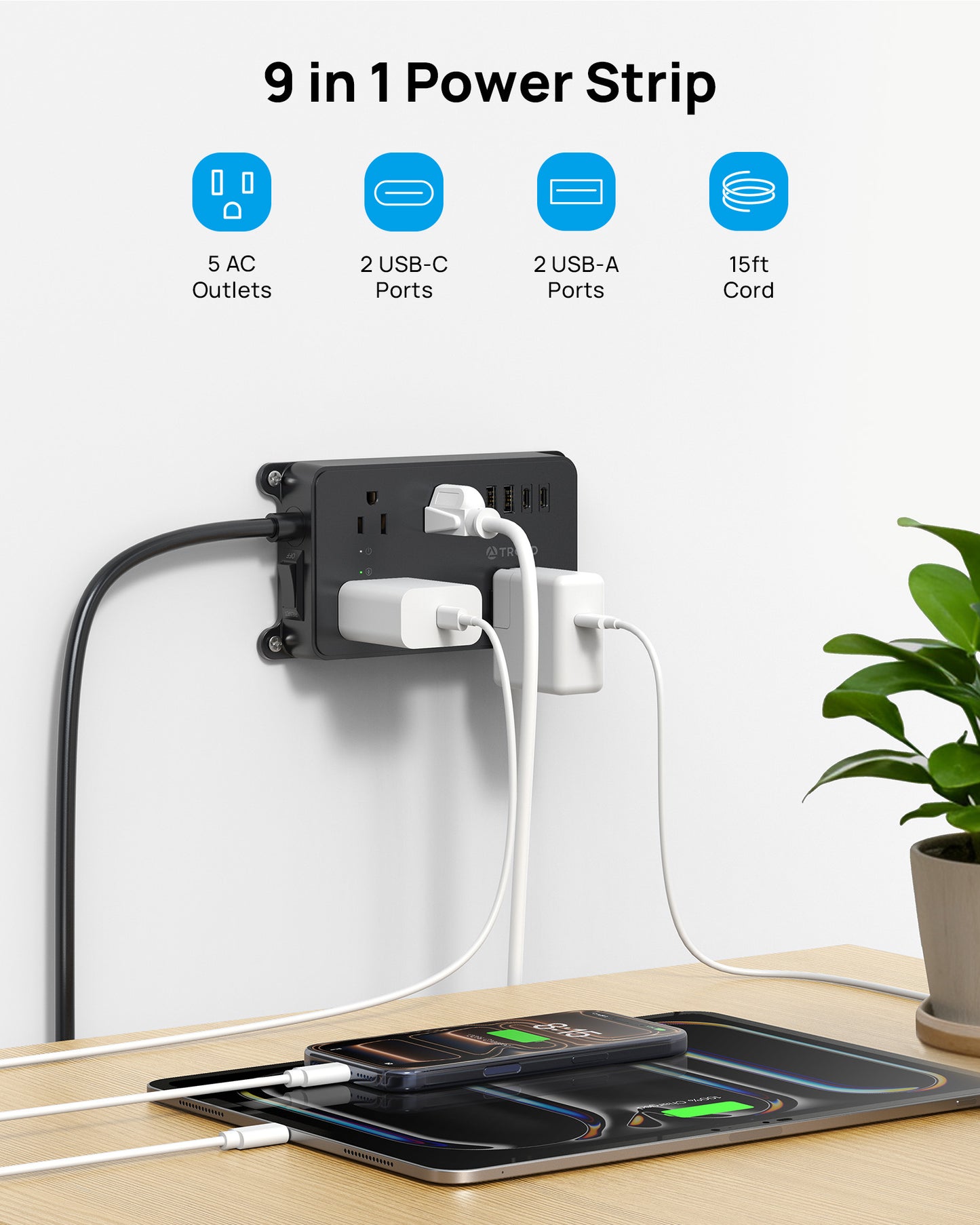 Power Strip Surge Protector, 5 Widely-Spaced Outlets with 2 USB A and 2 USB C