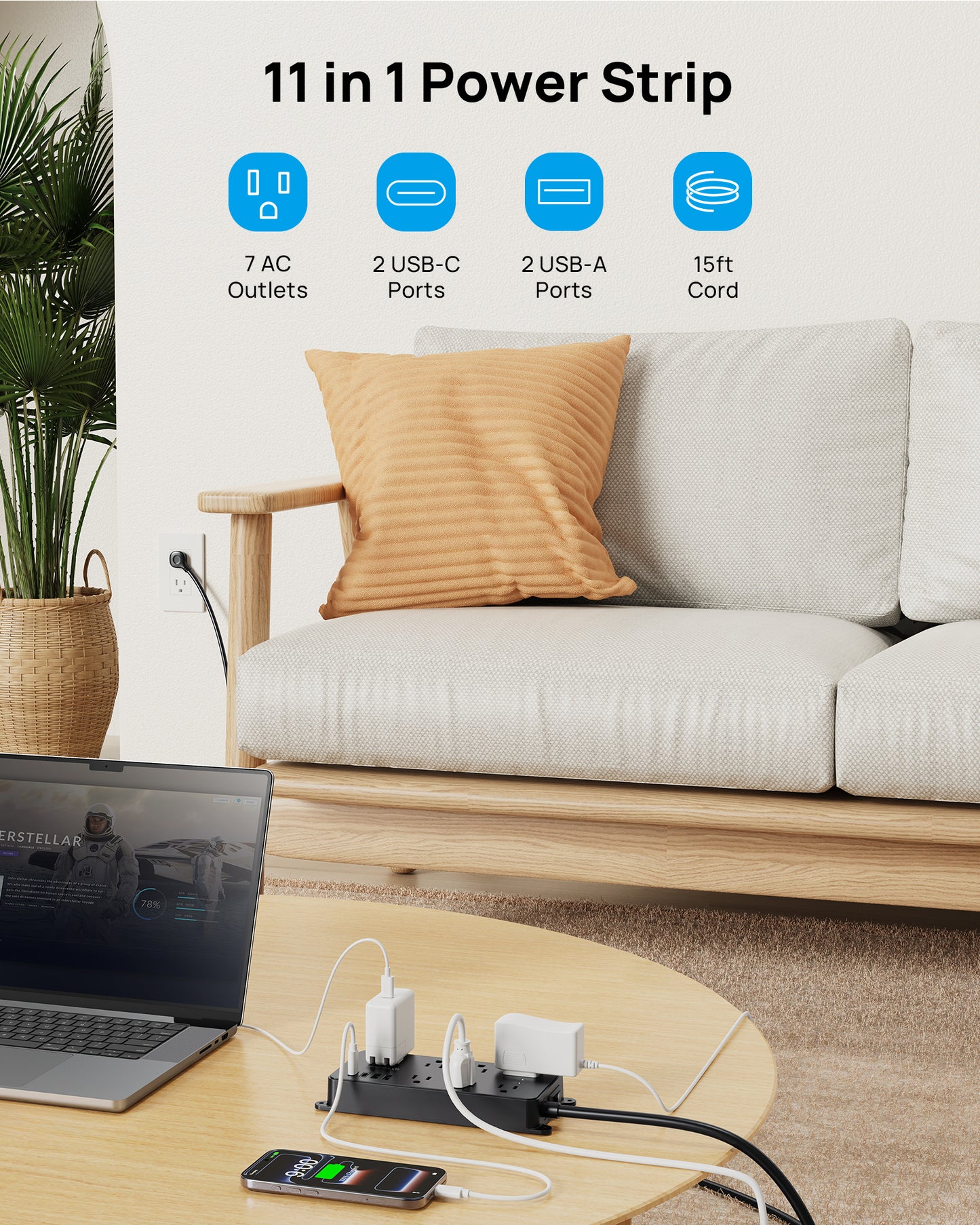 Surge Protector Power Strip, Flat Plug 15ft Long Extension Cord, 7 Widely-Spaced Outlets