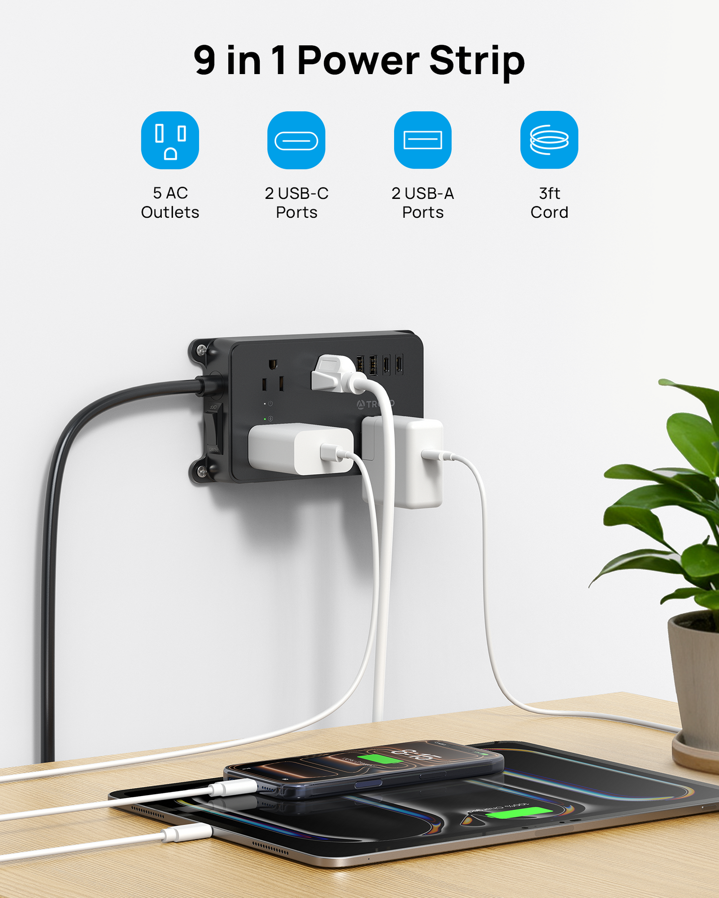 TROND Power Strip Surge Protector 3ft | 5 Widely-Spaced Outlets with 2 USB A and 2 USB C