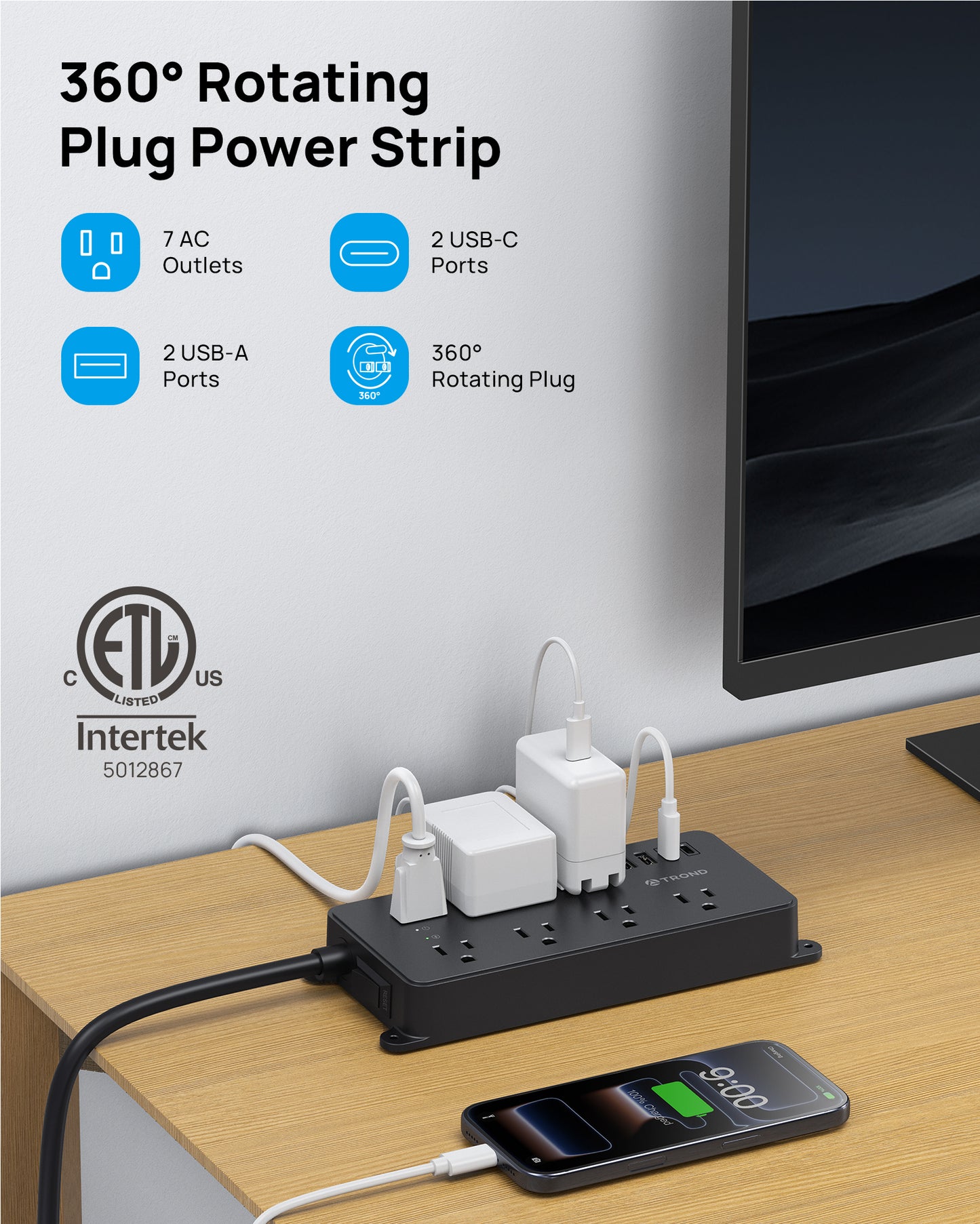 Power Strip Surge Protector with 360° Rotating Plug, 7 Widely-Spaced Outlets