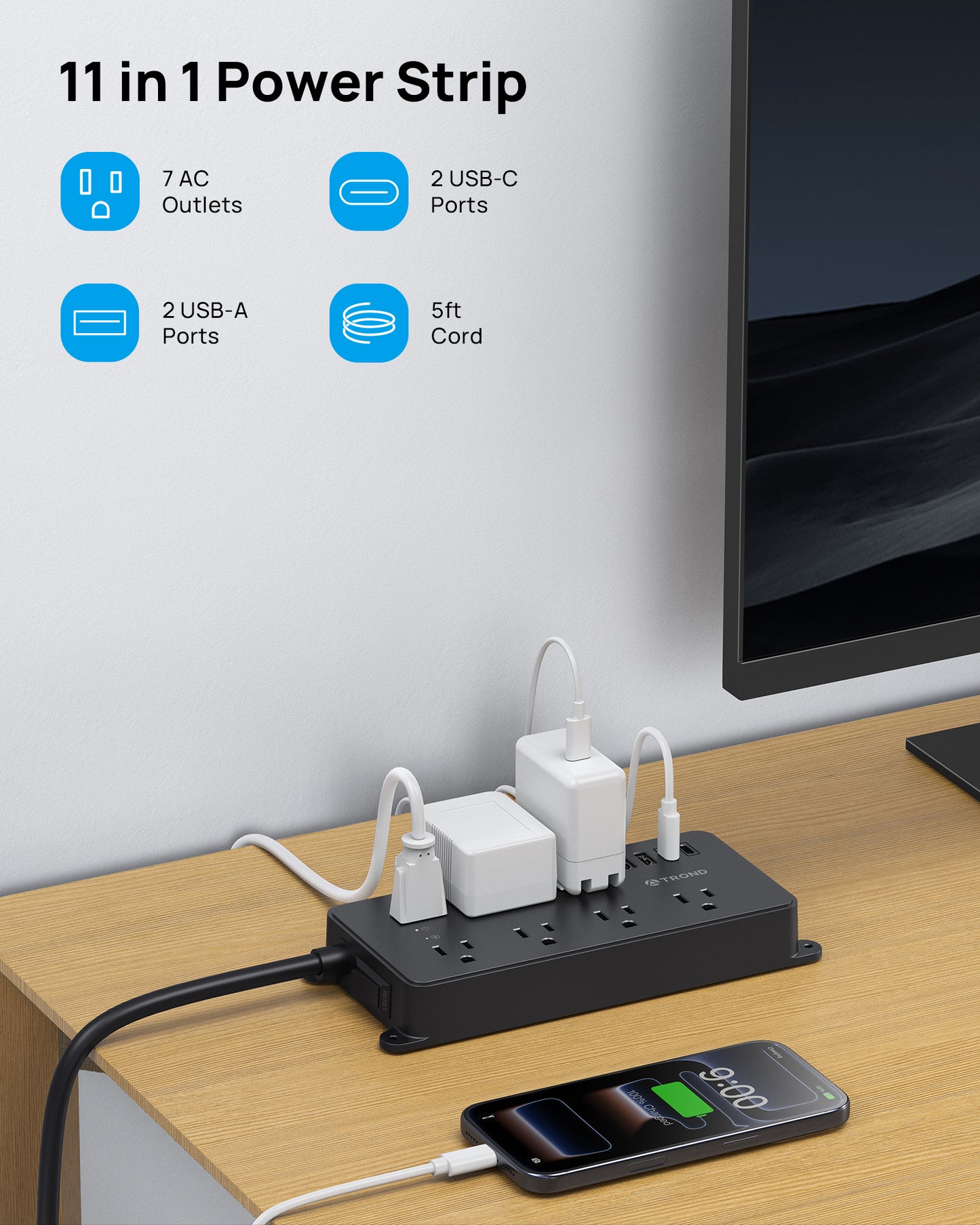 Power Strip Surge Protector, 7 Widely-Spaced Outlets, 2 USB-A & 2 USB-C