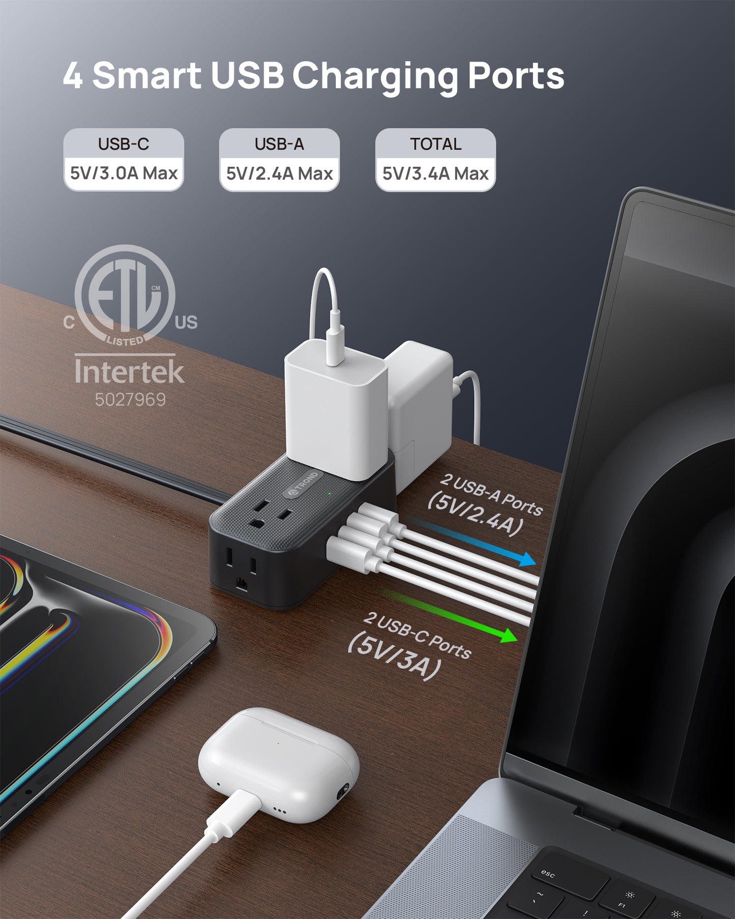 360° Rotating Flat Plug Power Strip