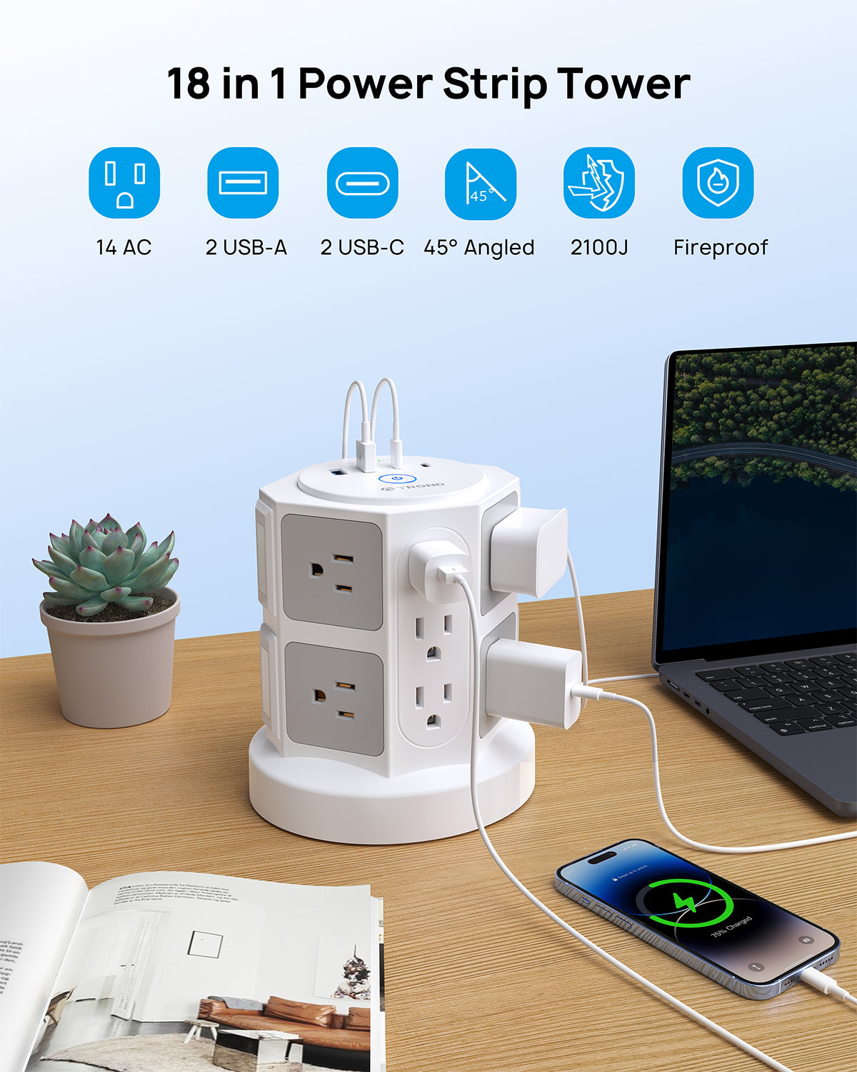 Surge Protector Power Strip Tower - TROND Power Strip with 4 USB Ports