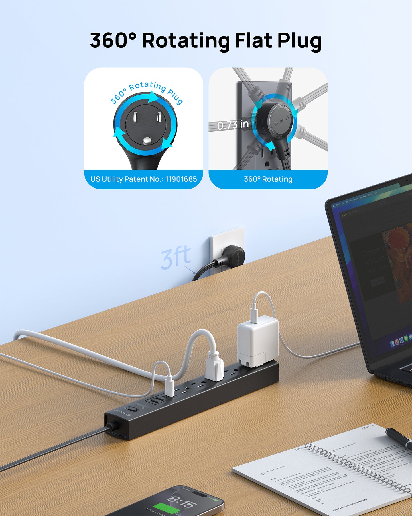 Surge Protector Power Strip with 360° Rotating Flat Plug