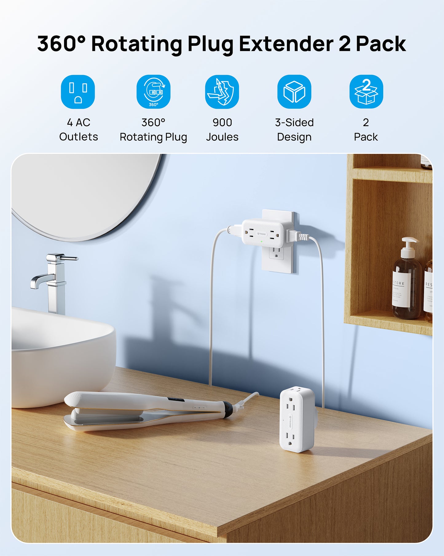 Wall Outlet Extender 2 Pack, Multi Plug Wall Outlet with 360 Rotating Plug