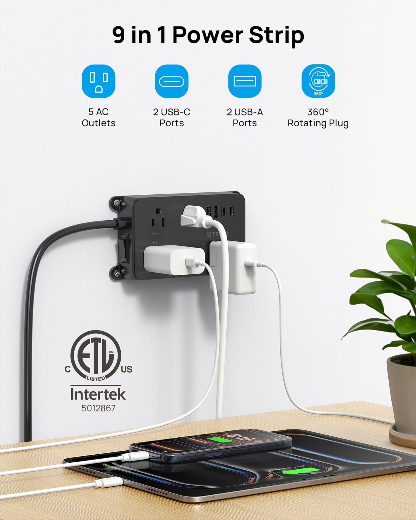 TROND 360° Rotating Flat Plug Power Strip | 5 Widely-Spaced Outlets with 2 USB A and 2 USB C