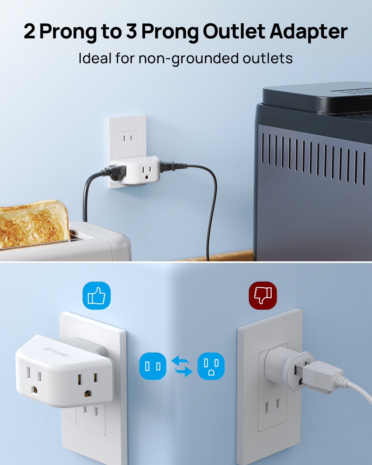 TROND 2 Prong to 3 Prong Outlet Adapter with 360 Rotating Plug