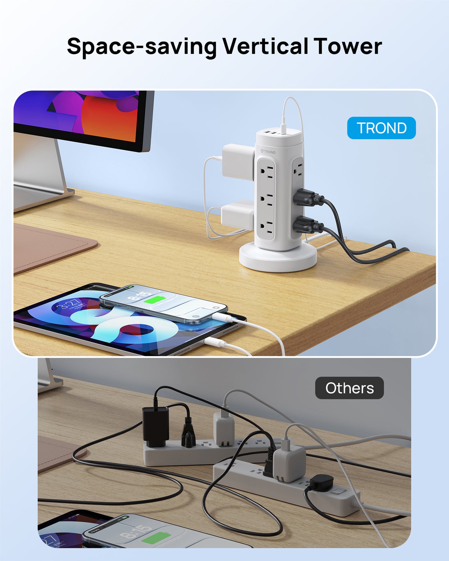 TROND Rotating Plug Power Strip Tower PD 20W, 10ft Semi-Retractable Extension Cord Surge Protector