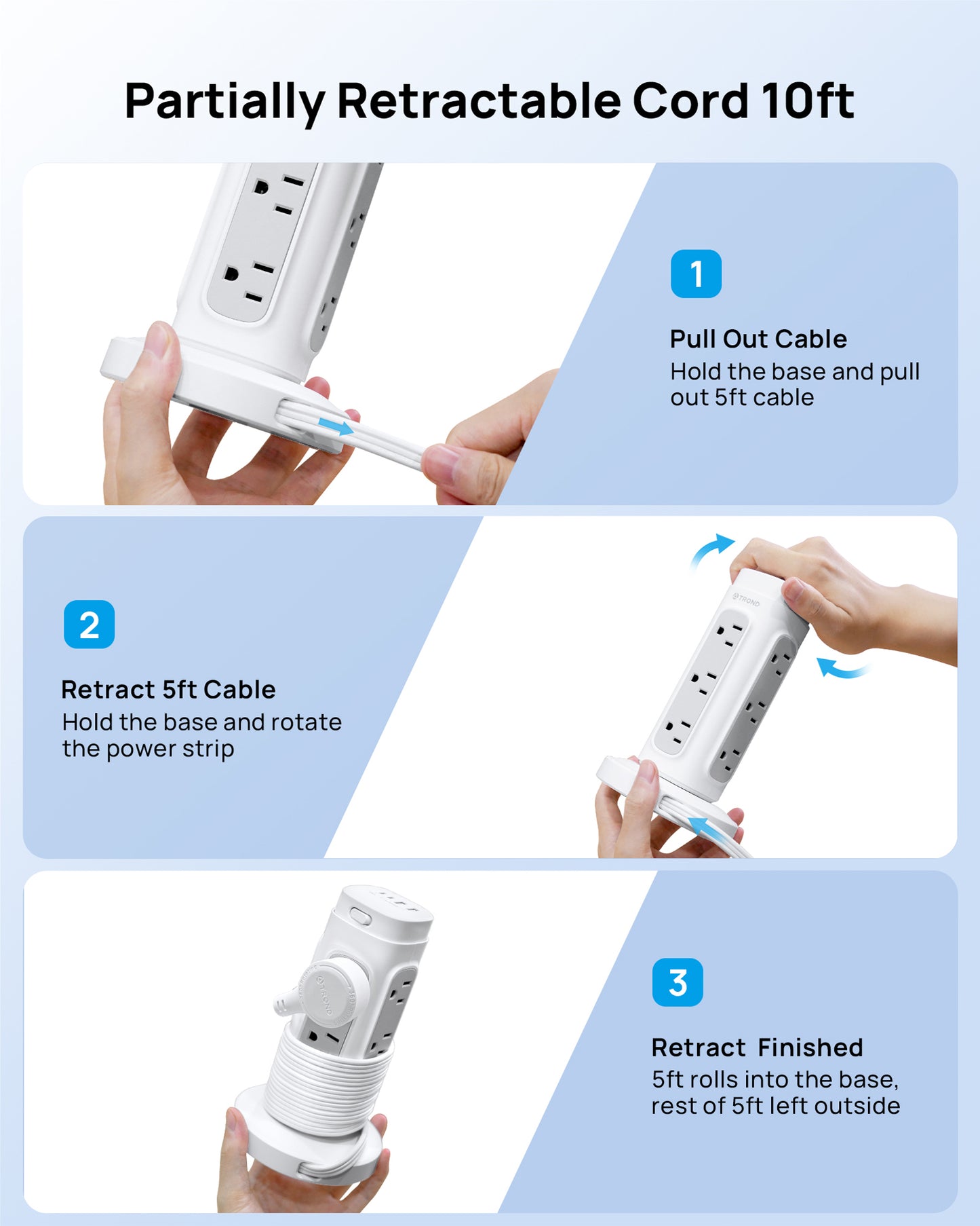 TROND Rotating Plug Power Strip Tower PD 20W, 10ft Semi-Retractable Extension Cord Surge Protector