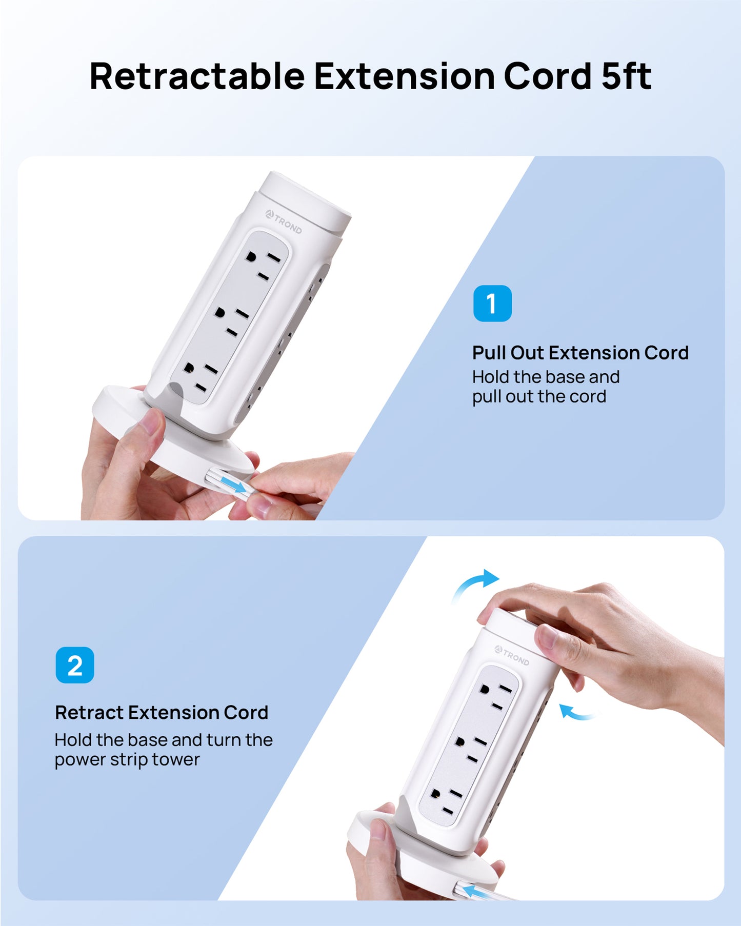 Rotating Plug Power Strip Tower PD 20W - 5ft Retractable Extension Cord Surge Protector