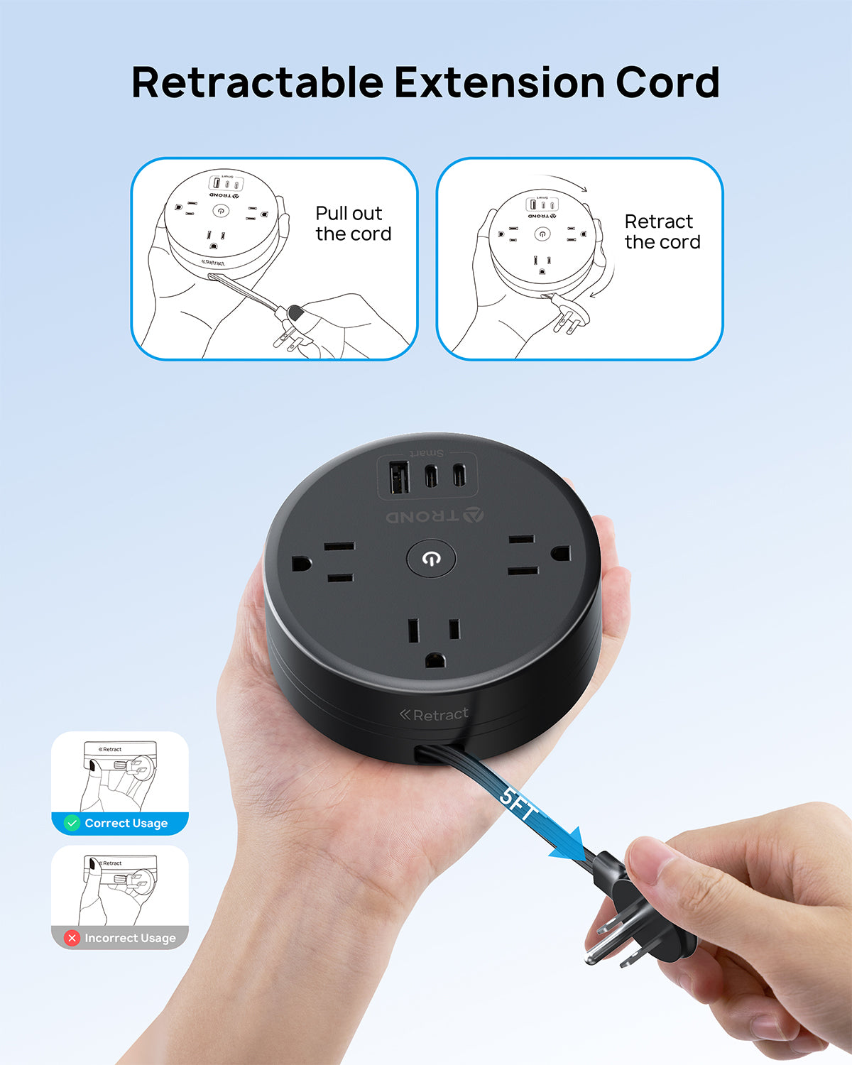 Travel Power Strip - Retractable Power Strip with 3 AC Outlets 3 USB Ports (2 USB C)