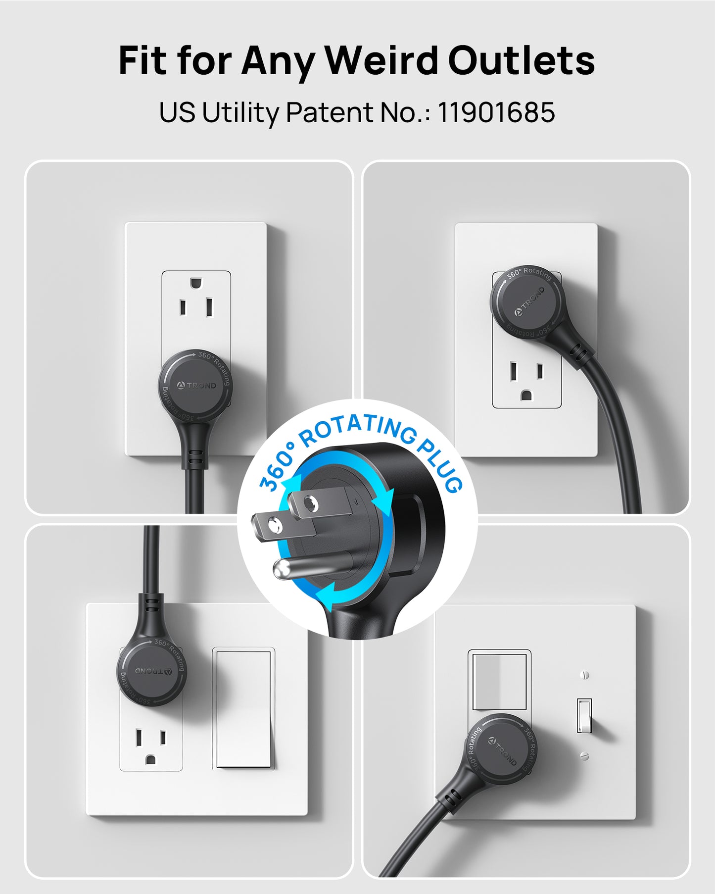 360° Rotating Plug Power Strip, ETL Listed, Flat Plug 10ft Extension Cord