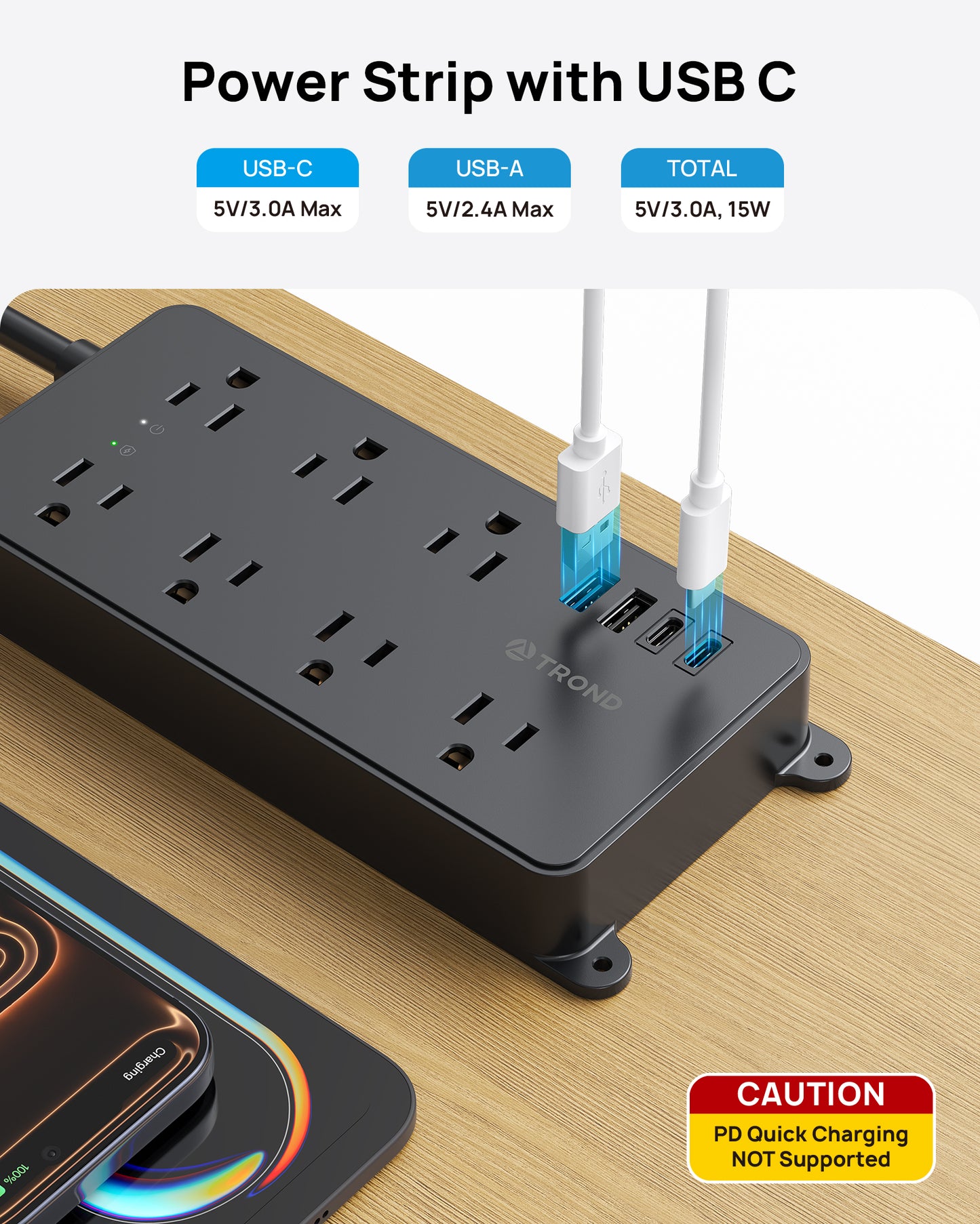 Surge Protector Power Strip, Flat Plug 15ft Long Extension Cord, 7 Widely-Spaced Outlets