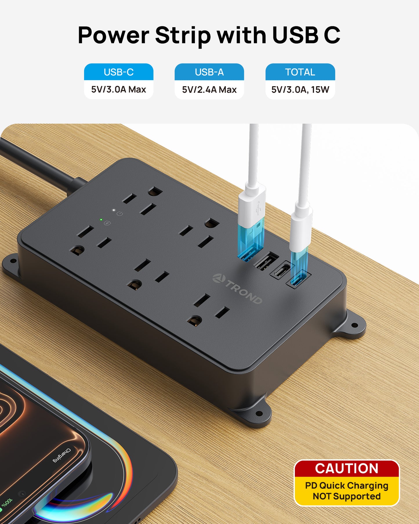 TROND Power Strip Surge Protector 3ft | 5 Widely-Spaced Outlets with 2 USB A and 2 USB C