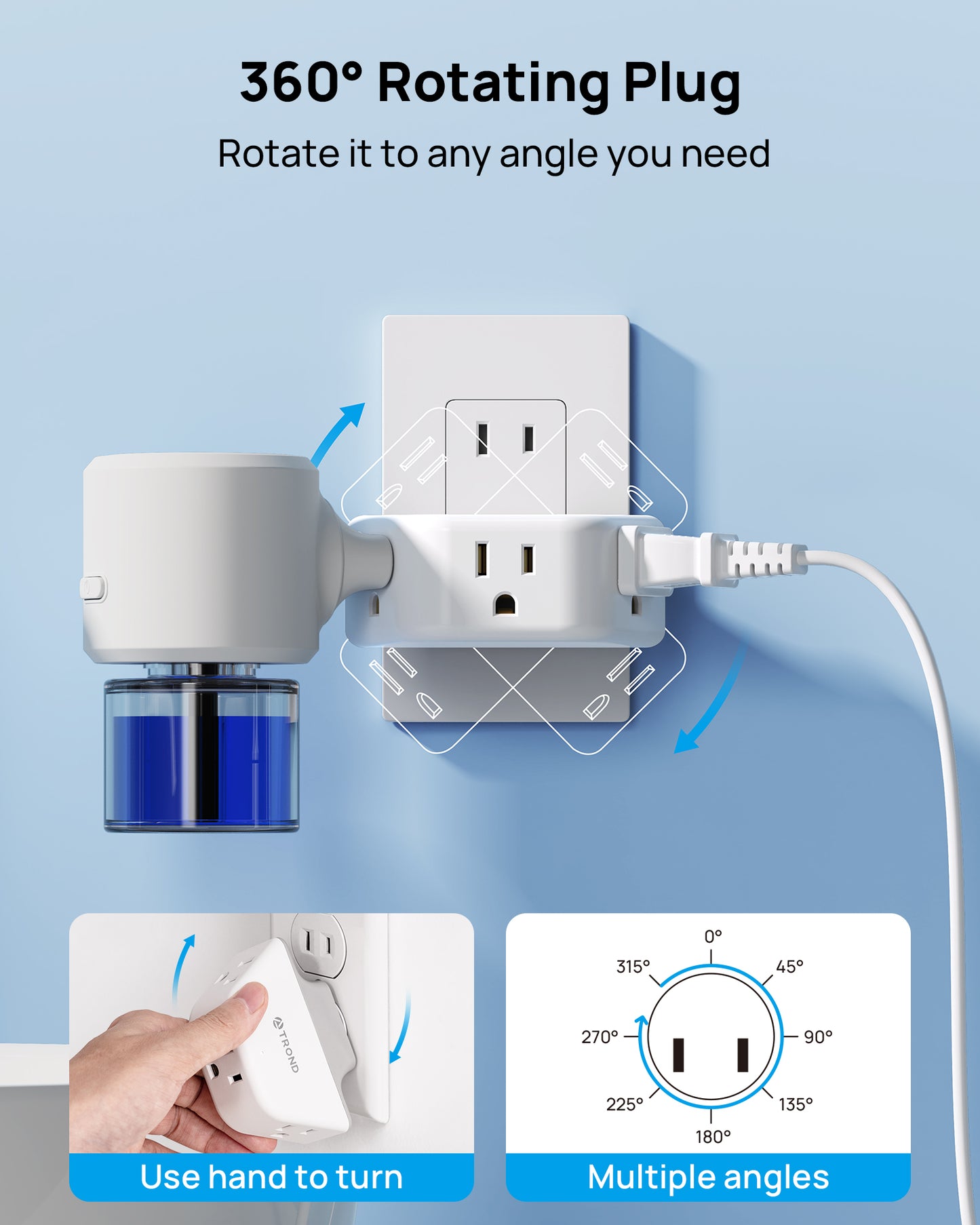 TROND 2 Prong to 3 Prong Outlet Adapter with 360 Rotating Plug