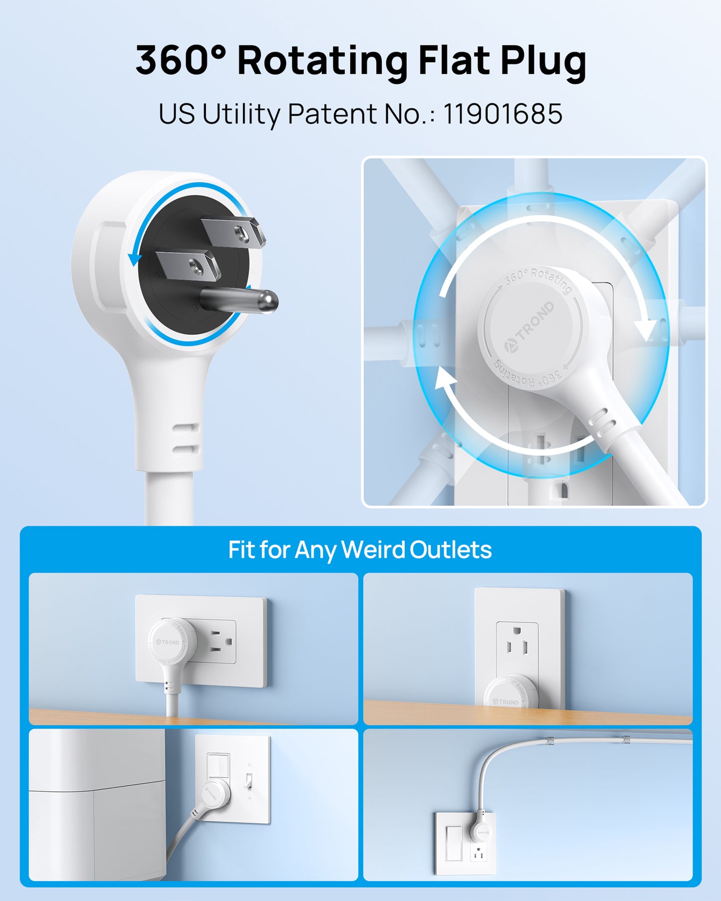 360° Rotating Power Strip, 5 Widely-Spaced Outlets