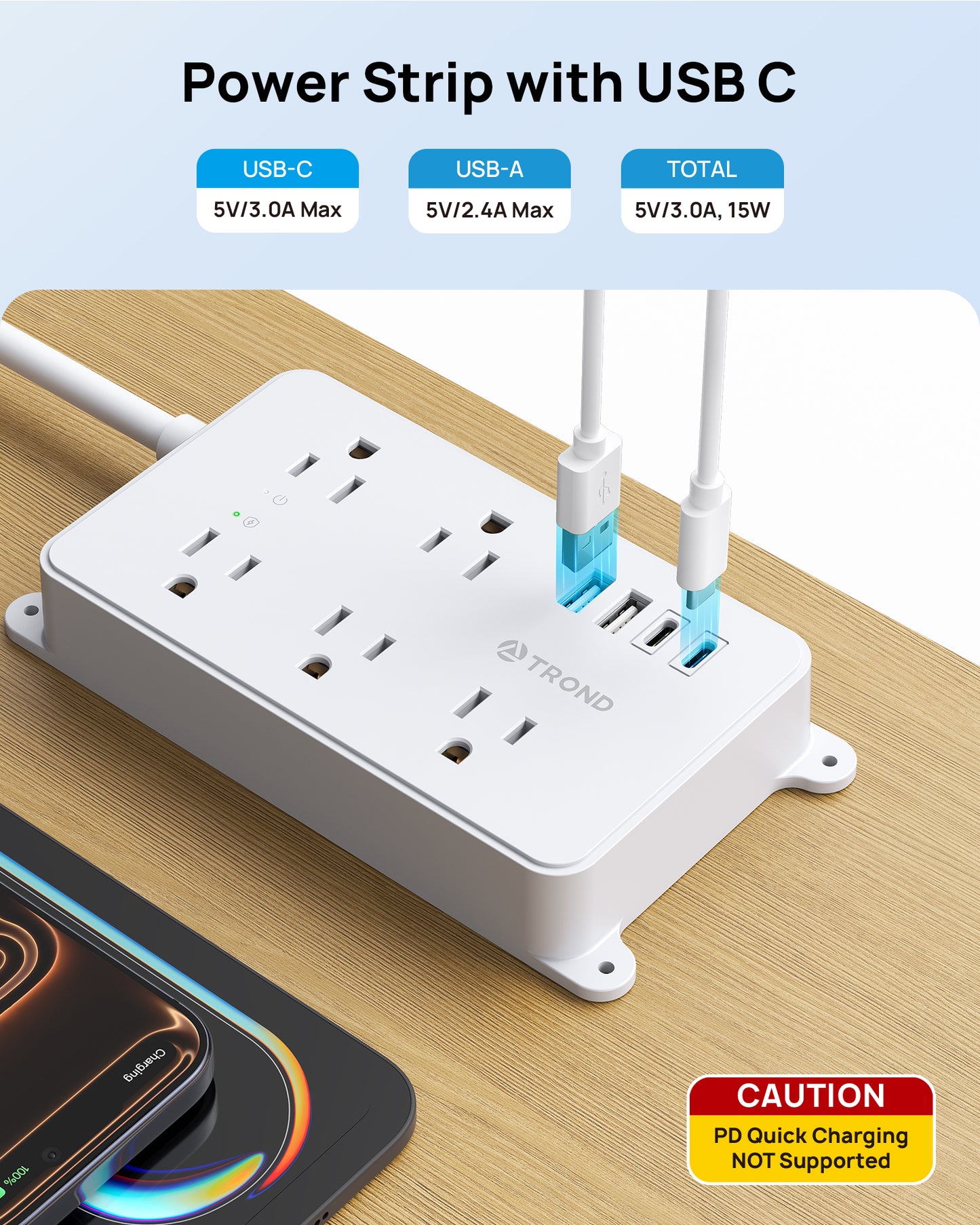 TROND 360° Rotating Flat Plug Power Strip, 3ft Extension Cord
